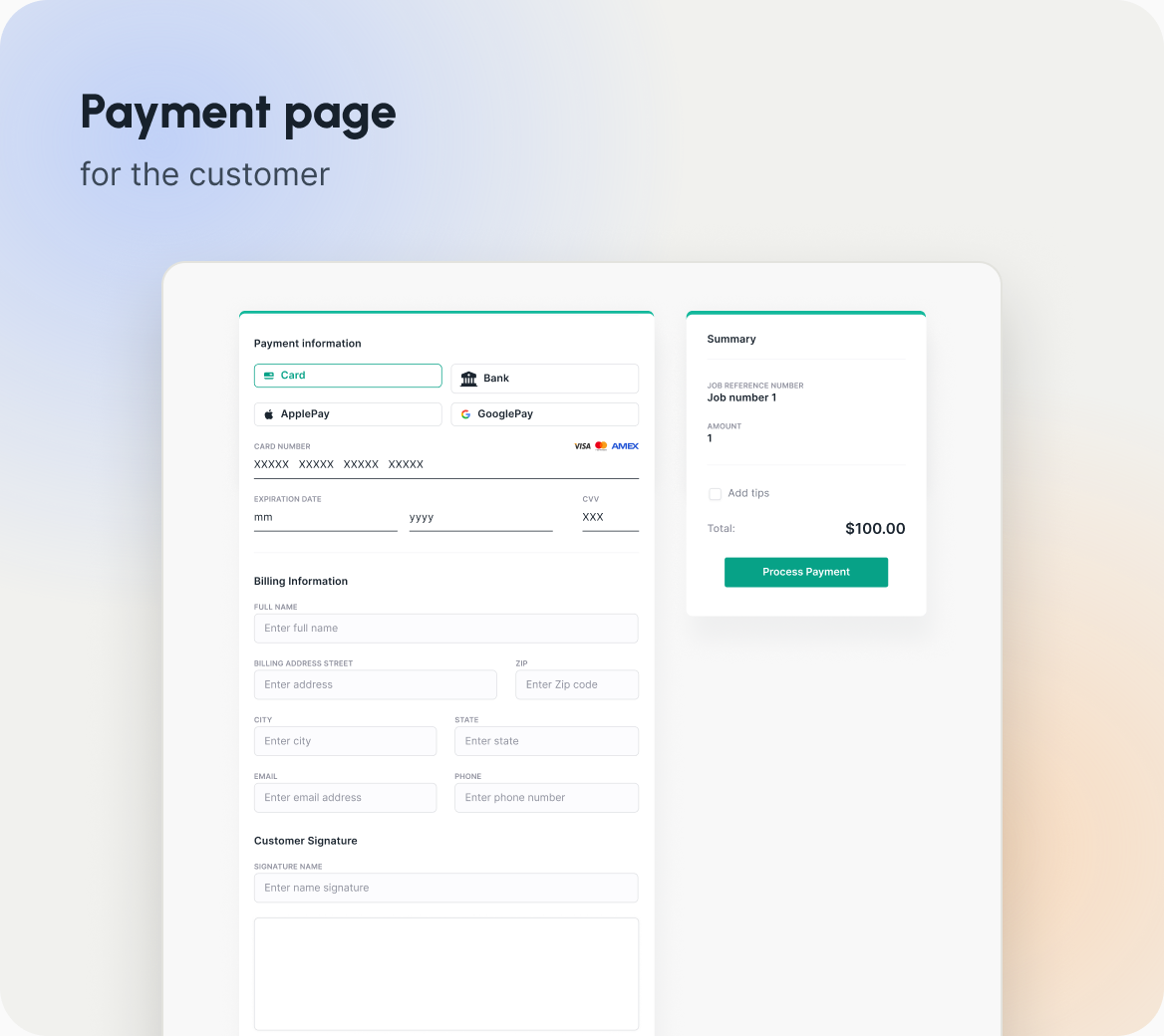 Payment page for the customer